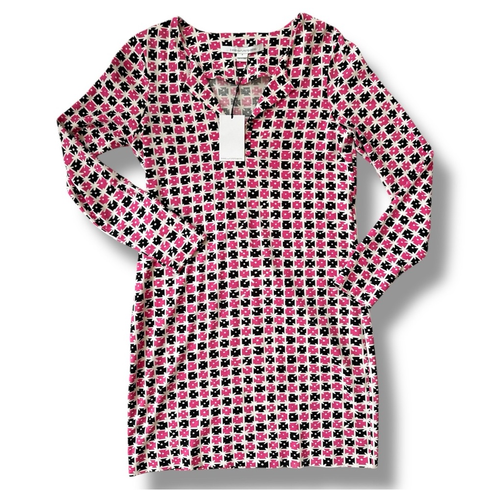 NWT Diane von Furstenberg Reina “Check Dot Pink” Long Sleeve Shift Dress Size 6 - Picture 7 of 14